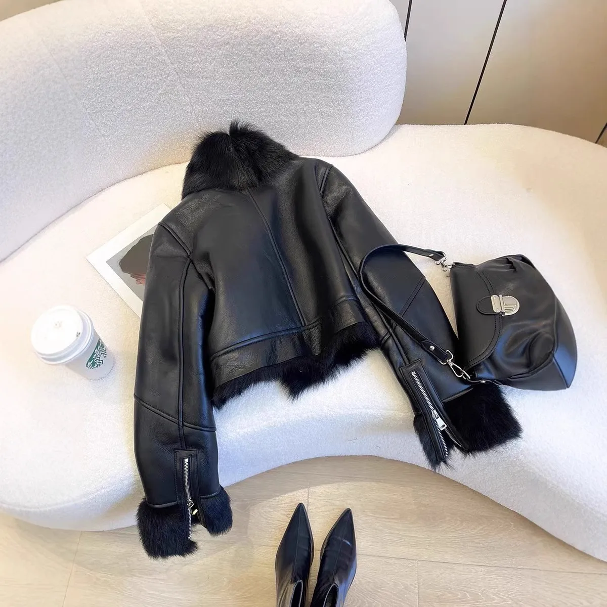 Thick Loose Fit Coat with Sexy British Style Regular Length Lapel Collar Zipper Closure Patchwork Long Sleeve Women Jacket
