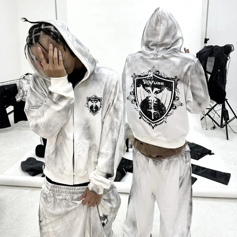 

2025 new fashion personality suit street men and women loose zipper sweater straight wide-leg pants trend hip-hop pants suit ins