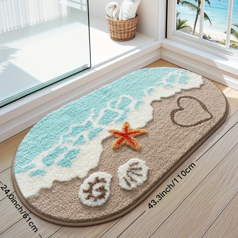VIKAMA Tapis de salle de bain de style nordique, frais et confortable, sur le thème de la plage, tapis de sol doux et confortable, tapis antidérapant pour entrée de salle de bain, décoration de la maison