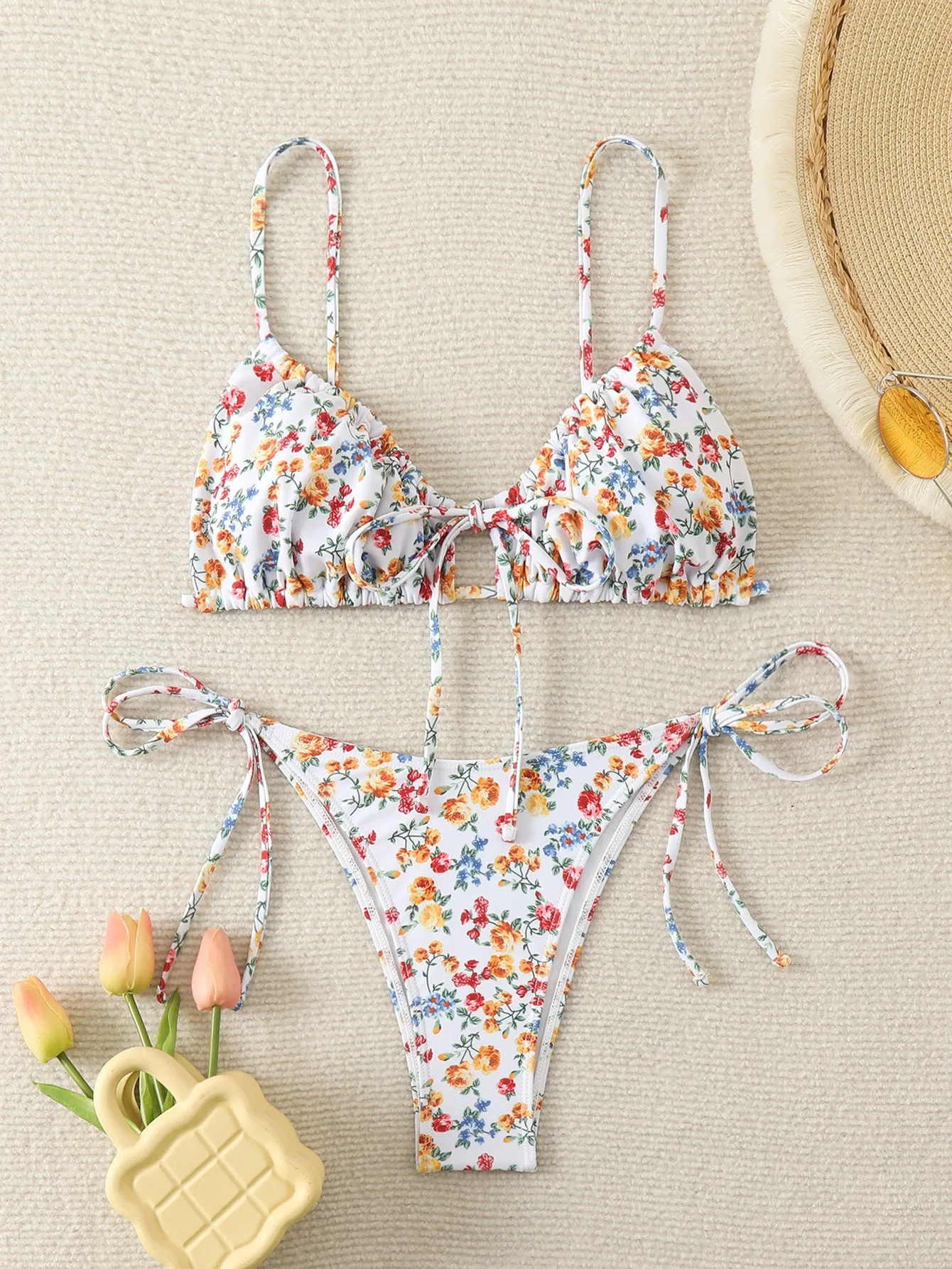 Trend Women Sexy Fresh Floral Print Swimsuit Bikini Set,Mini Micro Thong Swimsuits,String Lace-up Beachwear,Extreme Bathing Suit