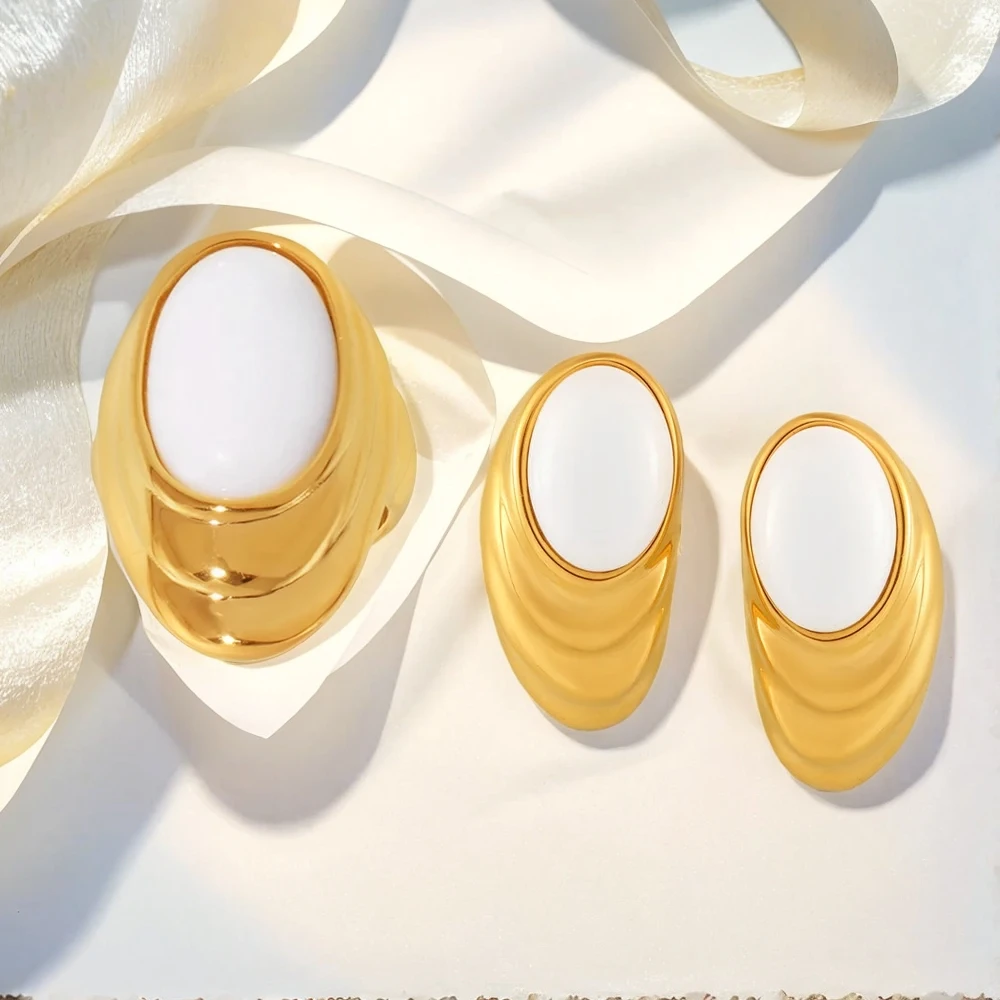 

Women's Ring Earring Set Natural Opal Water Ripple Stainless Steel Fashion Versatile Jewelry Accessories