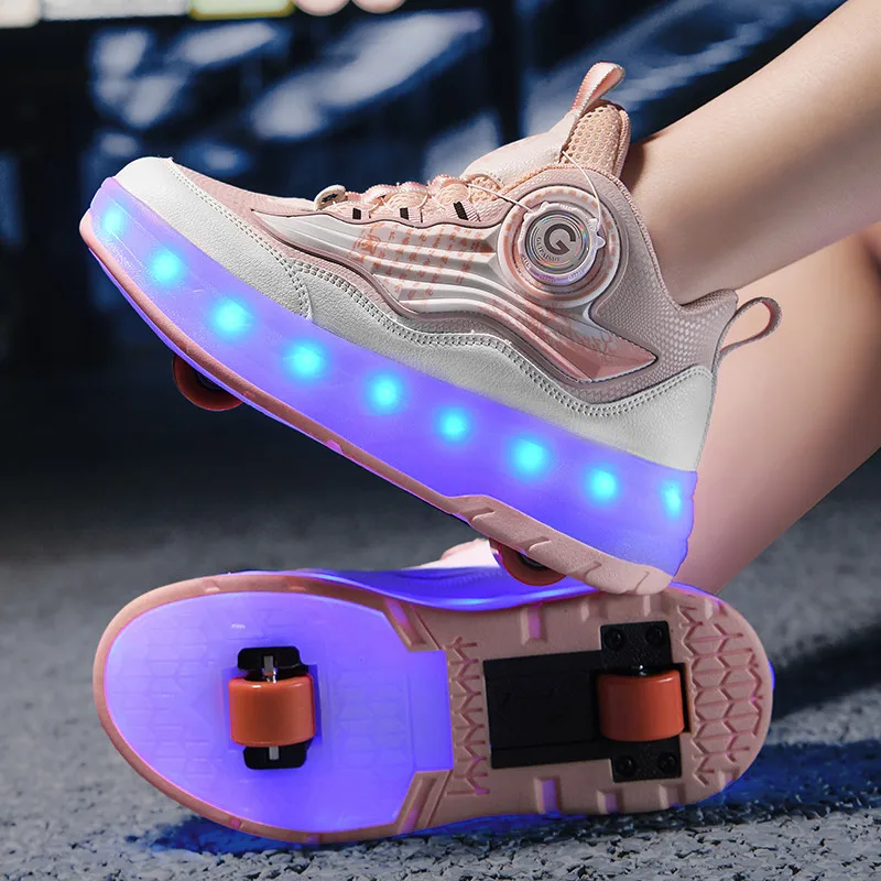 LED Lights Kids Roller Skate Shoes Running With 2 Wheels Boys Girls Detachable Adults Casual Parkour Deformation Skating Shoes