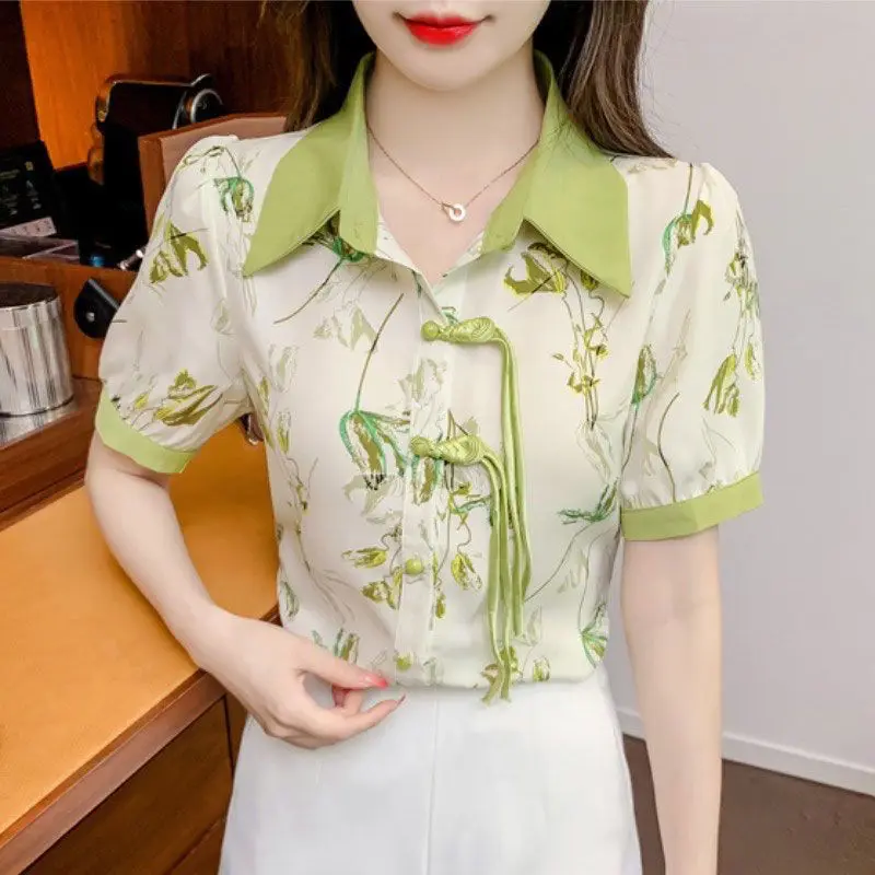 Women Summer Chinese Style Printing Fashion Printing Turn-down Collar Short Sleeve Chiffon Shirts Ladies Casual All-match Tops