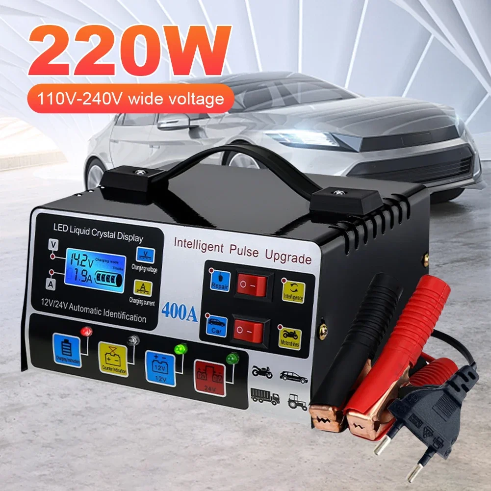 400A Battery High Power Fast Charger 12V/24V Automatic Car Intelligent Pulse Repair Charger LCD Display Self-Stop Battery Charge