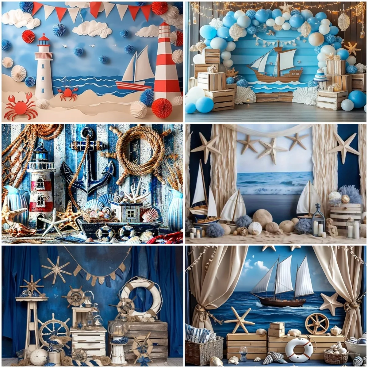 

Nautical Rudder Sailor Theme Decor Backdrop Seaside Lighthouse Starfish Banner Baby Birthday Party Gife Background Photo Studio