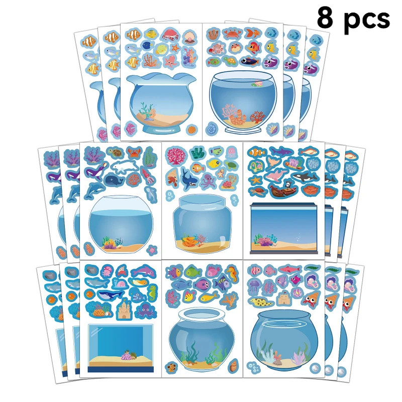 8Pcs Cute Cartoon Dream Fish Tank Aquarium DIY Sticker Fun Children Game Stickers High Playability Decorative Decals Funny Gift