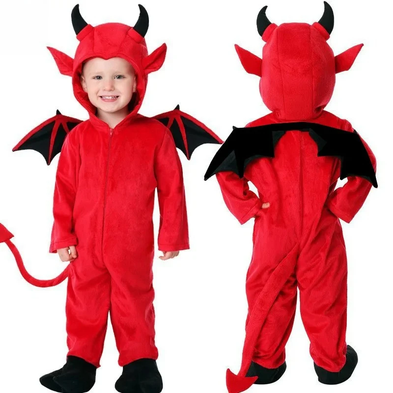 

Halloween Little Devil Bat Vampire Costume -Boys Girls Toddler Kids Furry Jumpsuit with Wings Headband Cosplay Party Performance