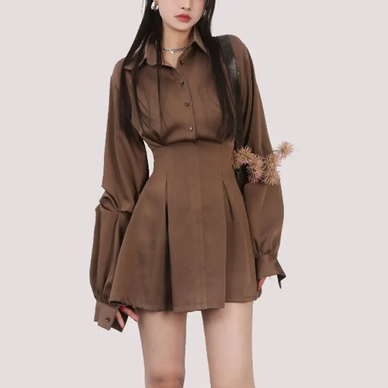 

French Style Long Sleeve Mini Dress Autumn Elegant Solid Color Female Clothing Turn-down Collar Aura Waist A-Line Basic Dresses