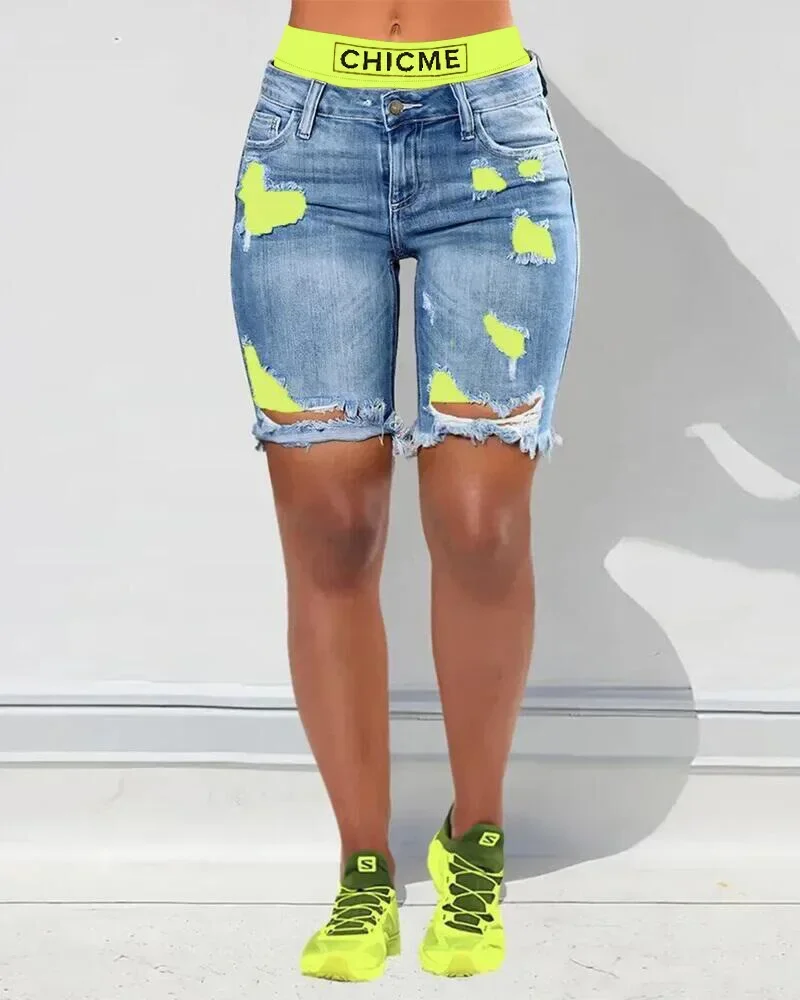 Women Contrasting Color Splicing Fake Two-piece Denim Shorts High Waist Shorts Pants