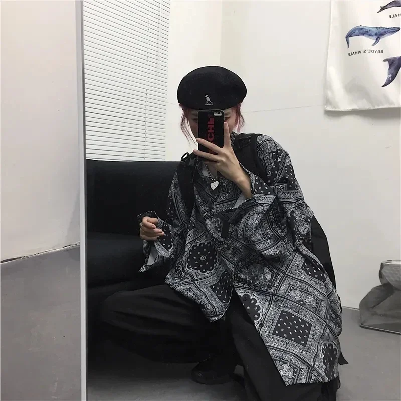 Paisley Bandana Collared Full Sleeve Button Up Shirt Harajuku Women Man Vintage Streetwear Loose Top Blouse Fall Hawaii Hip Hop