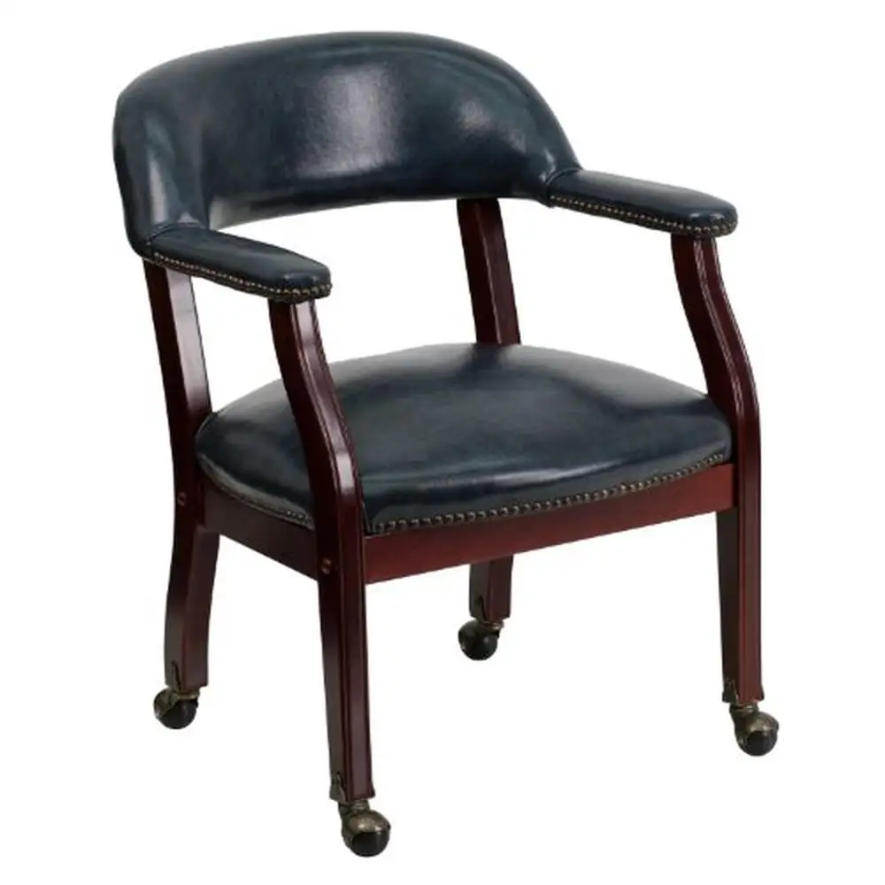 

Navy Vinyl Conference Chair Casters Captain Style Brass Trim Durable Solid Hardwood Frame Foam Seat Fire Retardant 24"x27"