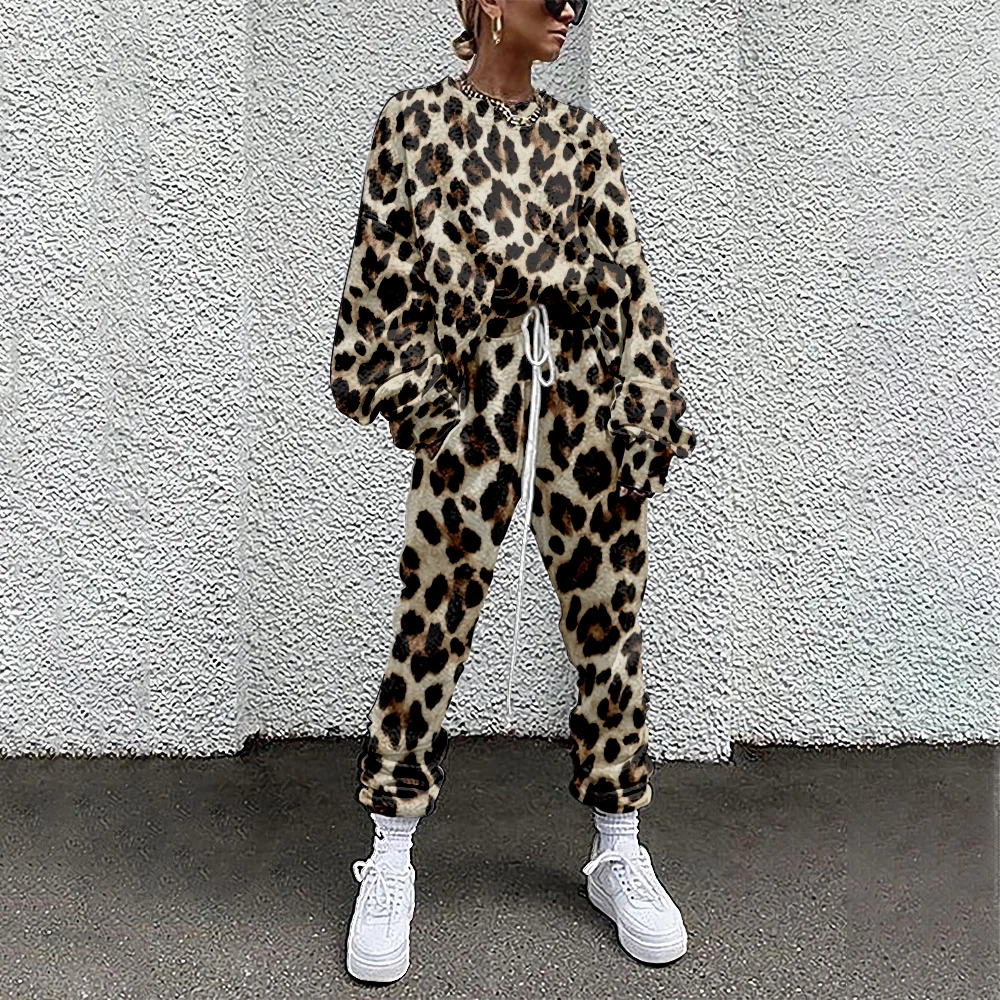 

SOJINM 2022 Women Tracksuit Sweatshirt+Straight Sweatpants Leopard Spotted Print 2 Piece Outfit Matching Fitness Sporty 6XL