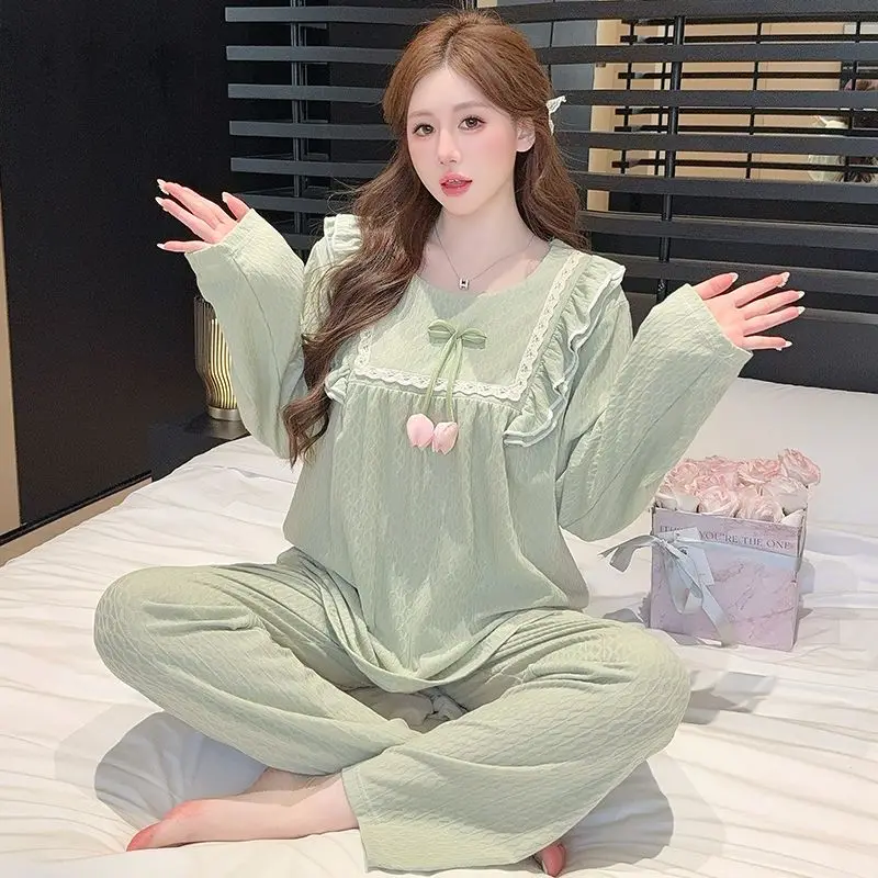 

2026 Spring Plus Size Long Sleeve Cotton Pajama Sets for Women Korean Cute Lace Sleepwear Pyjamas Homewear Pijama Mujer Clothes