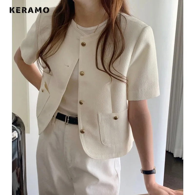 2024 Summer Korean Luxury Style Lady Single Breasted Round Neck Solid Jacket For Women Outerwear Casual Fashion Chic Slim Coat