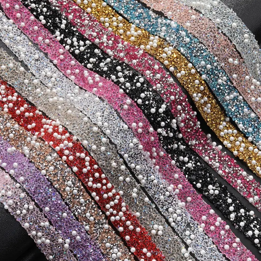 New 1 Yard Glitter Drill Tape Pearl Resin Ribbon Sticker Rhinestones DIY Glitter Crystal Sticker Clothes Decoration