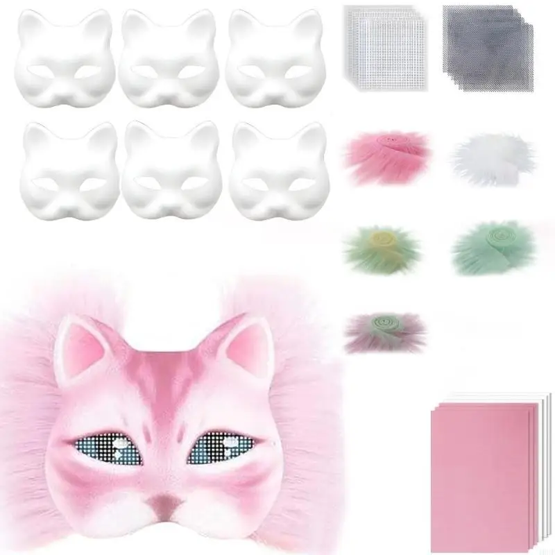 

Foxes Cats Mask Therians Mask with Furs Stickers and Eye Mesh DIY Therians Mask Blank Base to Paint Costume Mask
