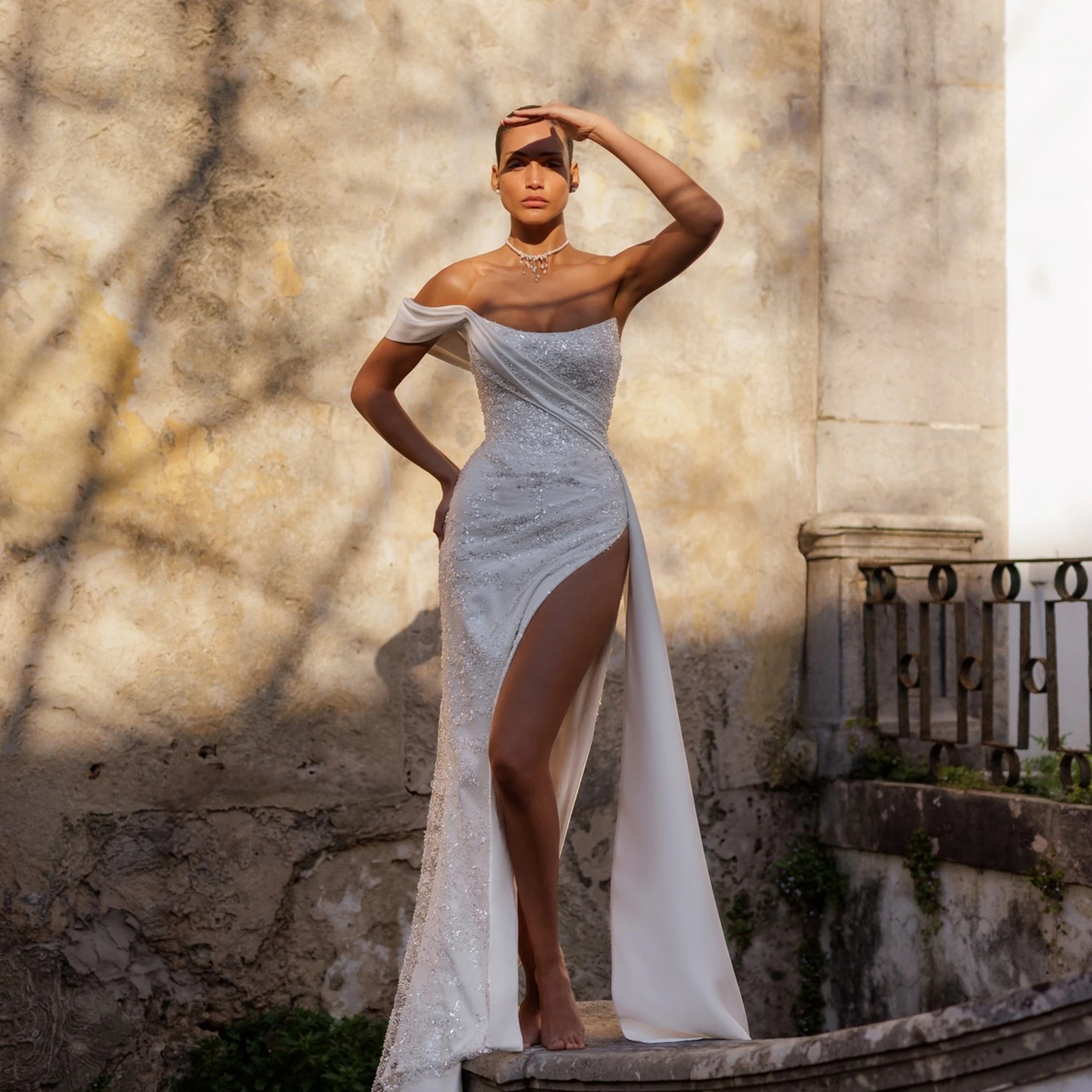 

Sexy Wedding Dress One Shoulder Sequin High Split Strapless Luxury Bride Gowns For Women Mermaid vestido de noiva Customized