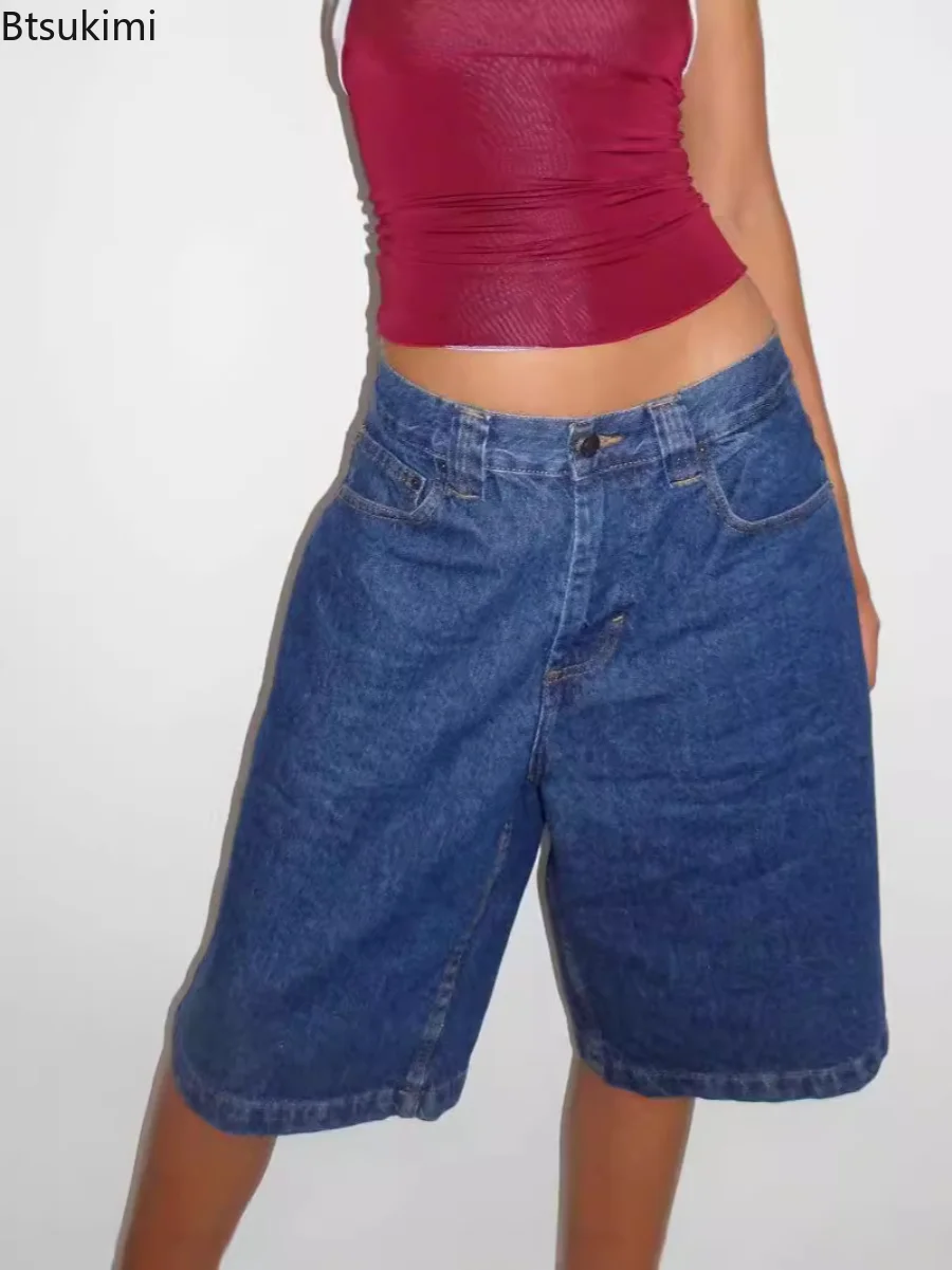 New Women's Loose Denim Shorts Solid Color Mid Waist Wide Leg Shorts with Pockets Summer Retro Casual Trunks Fashion Streetwear