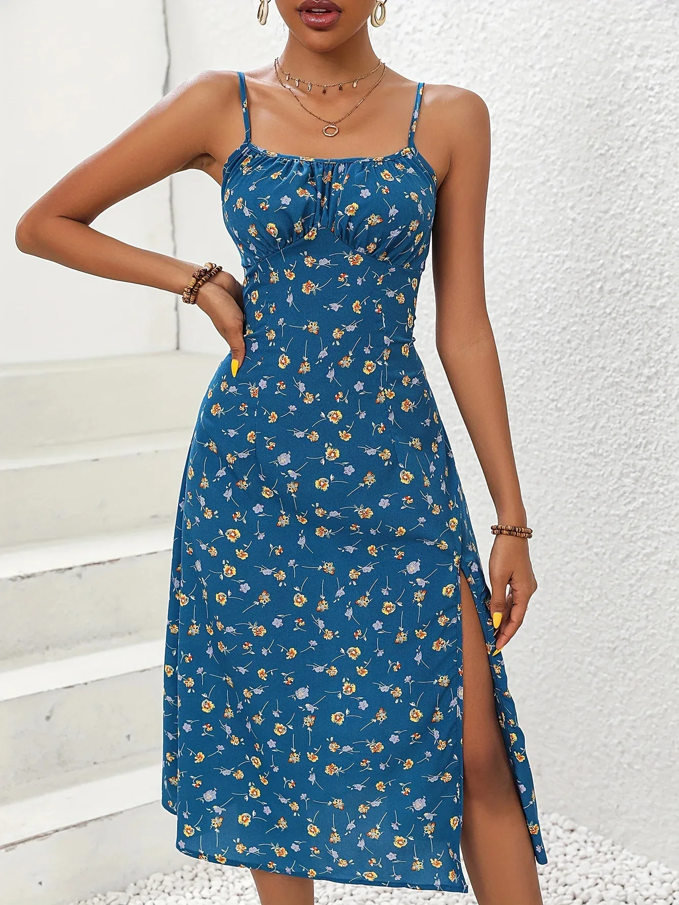 2025 Summer Sexy Spaghetti Straps Dress Women Fashion Polka Dot Print Sleeveless Slit Dress Boho Casual Beach Midi Dresses WR27