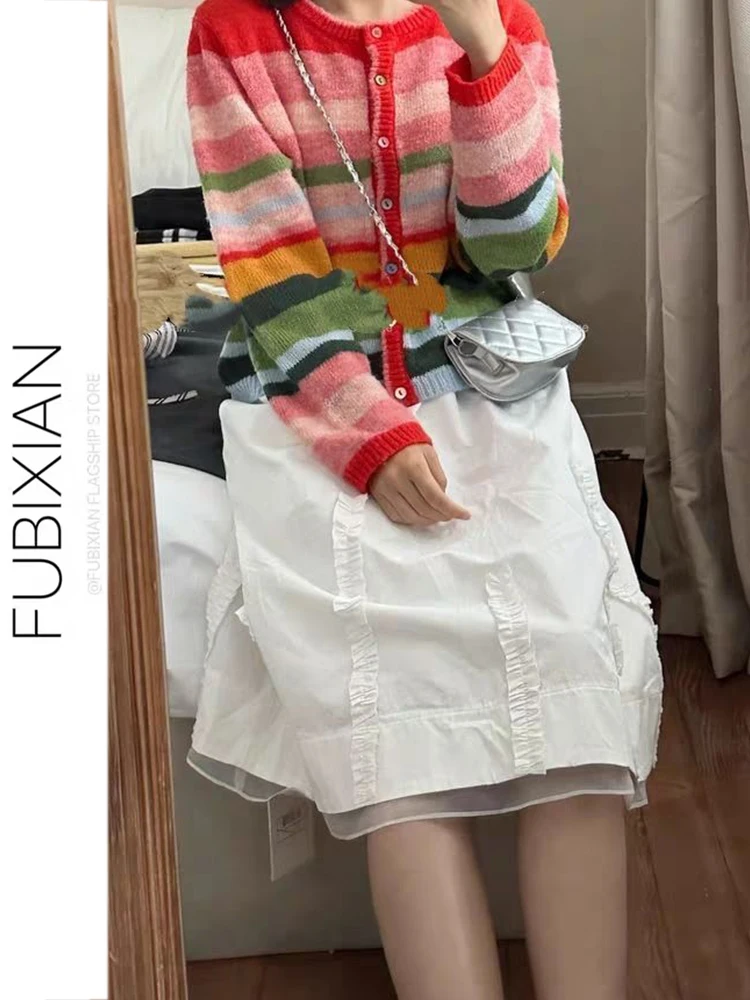 

Белая юбка-миди с эффектом двухслойности, А-силуэт, с кружевным декором, милая, элегантная, с высокой талией, фасон «зонтик»