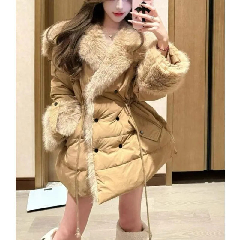 

Temperament Celebrity Hooded Atmosphere New Year's Robe Coffee Color Waist Skinny Hooded Short Padded Fashion Jacket Winter