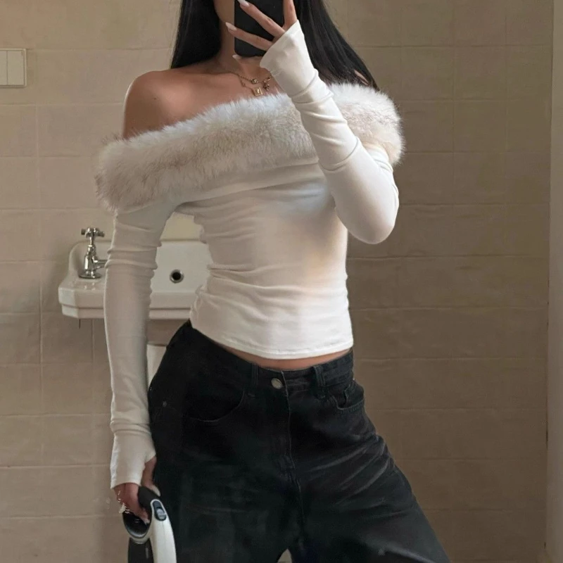 

Deeptown белые футболки с открытыми плечами женские сексуальные винтажные лоскутные корейские модные футболки из искусственного меха с длинным рукавом тонкие повседневные Gyaru