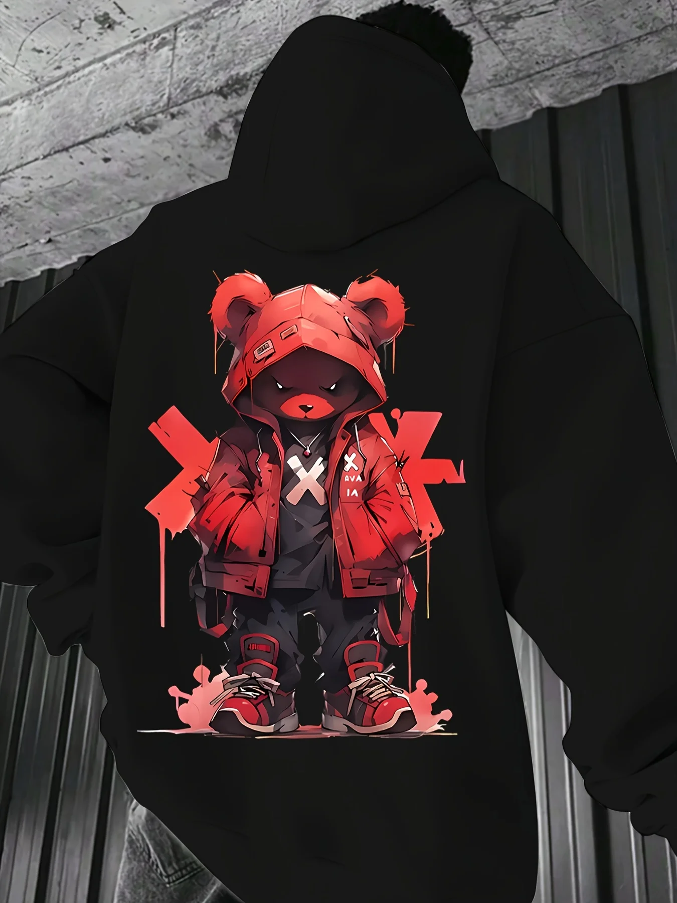 Herren-Hoodie mit Schwarzer OG-Bären-Grafik, Rotem X-Design und Drip-Effekt, Streetwear-Pullover für Urbane Mode – Detail 1
