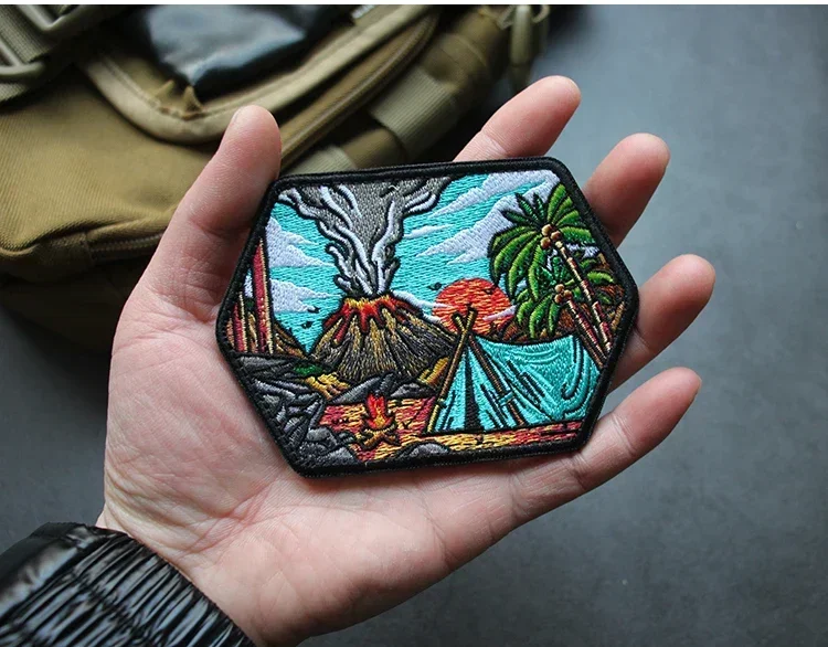 Embroidered Hook&loop Patches Volcano Scenery Armband Coconut Tree Badge DIY Sewing Backpack Sticker Camping Large Morale Badge