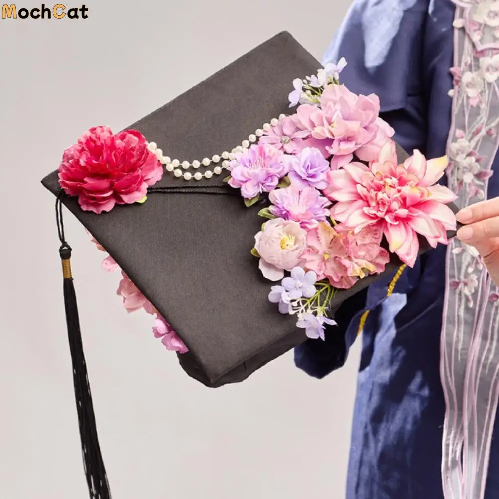 

Trencher Cap DIY Flowers Graduation Cap Mortar Board Adjustable Kids Academic Hat with Tassels Charm Ornament Bachelor