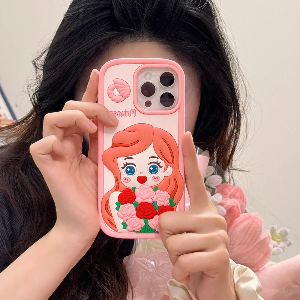 

3D Cartoon Rose Disneys Ariel Princess Phone Case for IPhone 15 14 13 12 11 Pro Max Soft Silicone Drop-resistant Back Cover Gift
