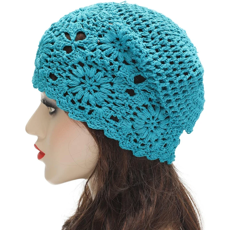 Popular Beautiful Women Summer Cotton Crochet Slouchy Beanie Hat Handmade Knit Cutout Summer Floral Skull Cap