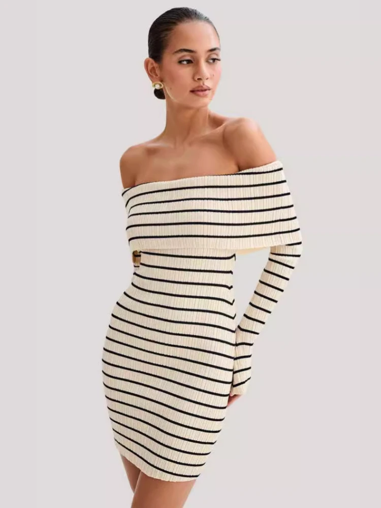 

Laxsesu Striped Knitted Mini Dresses for Women 2024 Off the Shoulder Bodycon Dress Elegant Party Evening Summer Holiday Vestidos