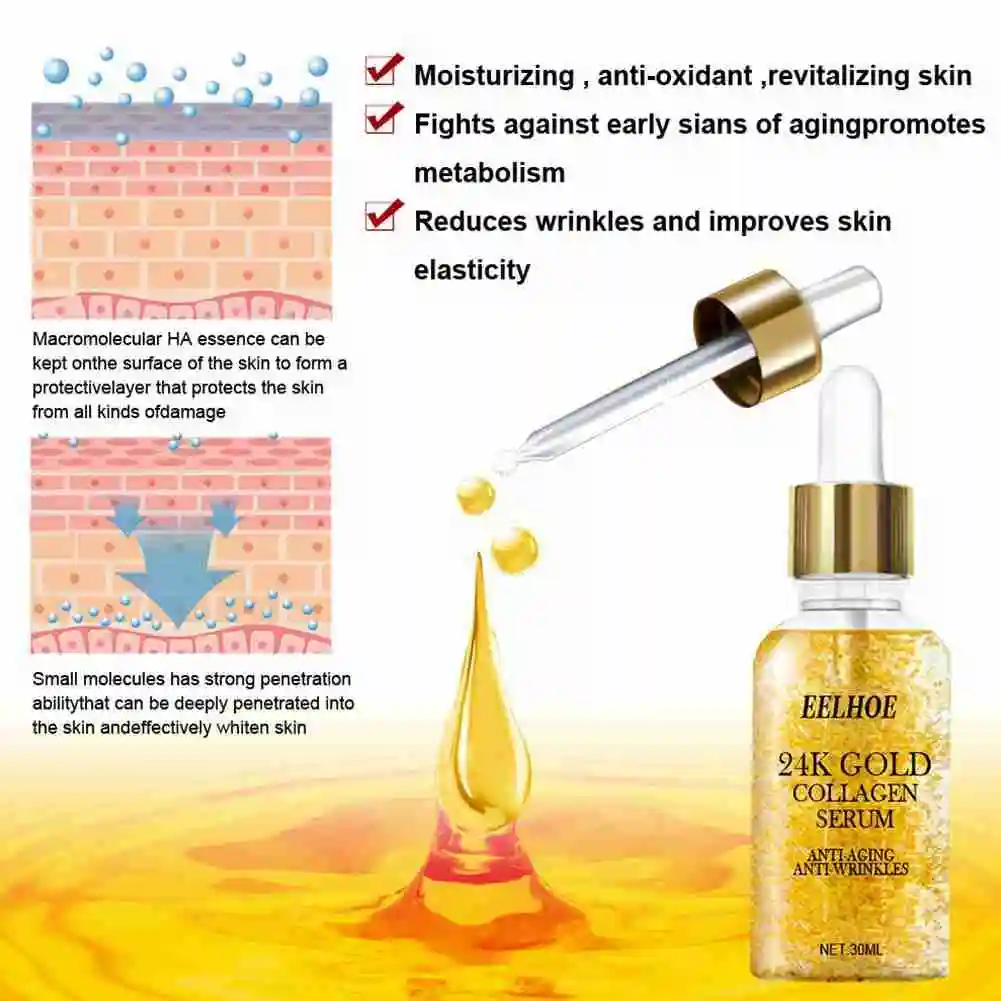 24K Gold Face Serum Active Collagen Silk Thread Facial Essence Anti-Aging Smoothing Firming Moisturizing Hyaluronic Skin Care