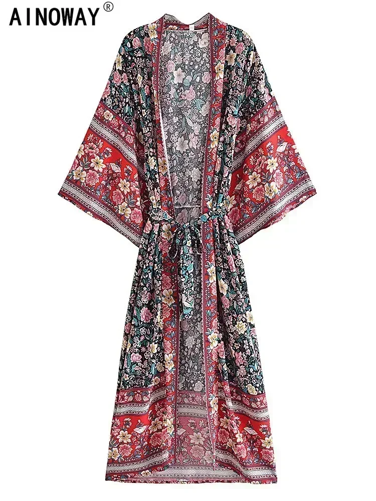 Vintage Chic Women Pink Floral Print Bohemian Kimono Beach Robe Lady Batwing Sleeves Rayon Boho Maxi Party Bikini Cover-ups