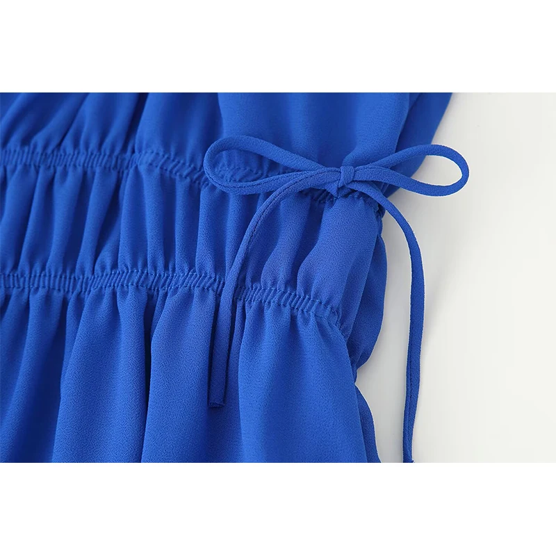 YENKYE 新しい女性ヴィンテージ弾性ウエストブルーロングドレスパフスリーブ V ネック A ラインホリデーカジュアルドレス秋マキシ Vestidos