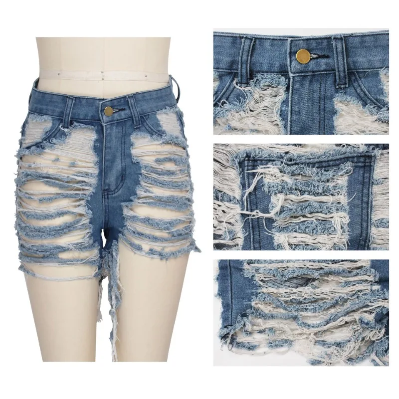 2021 New Ripped Denim Shorts Women Bottoms Female Jeans High Waist Holes Tassel Classic Denim Shorts Close-Fitting Pants Fashion