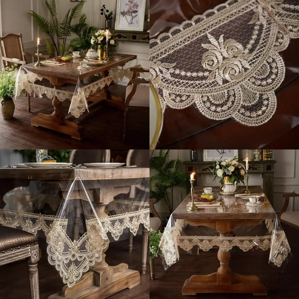 

Осенняя водонепроницаемая прямоугольная скатерть из ПВХ цвета шампанского с кружевной рамкой макраме для праздничной столовой и домашнего декора (60x104 дюймов)