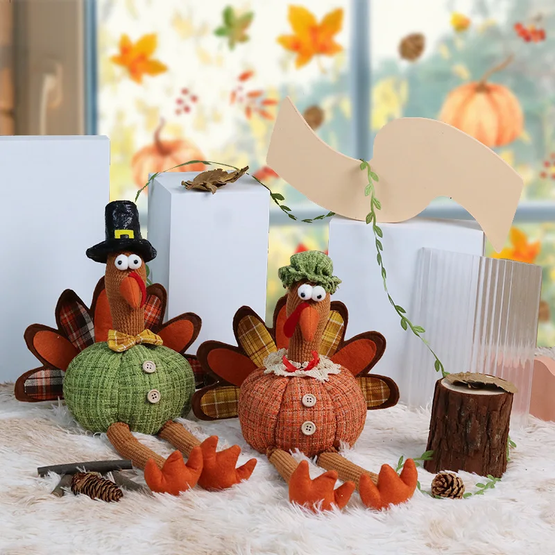 Thanksgiving Gnomes Turkey Decor Doll Ornaments Hanging Leg Turkey Figurine Window Display Decors Festival Poseable Figure