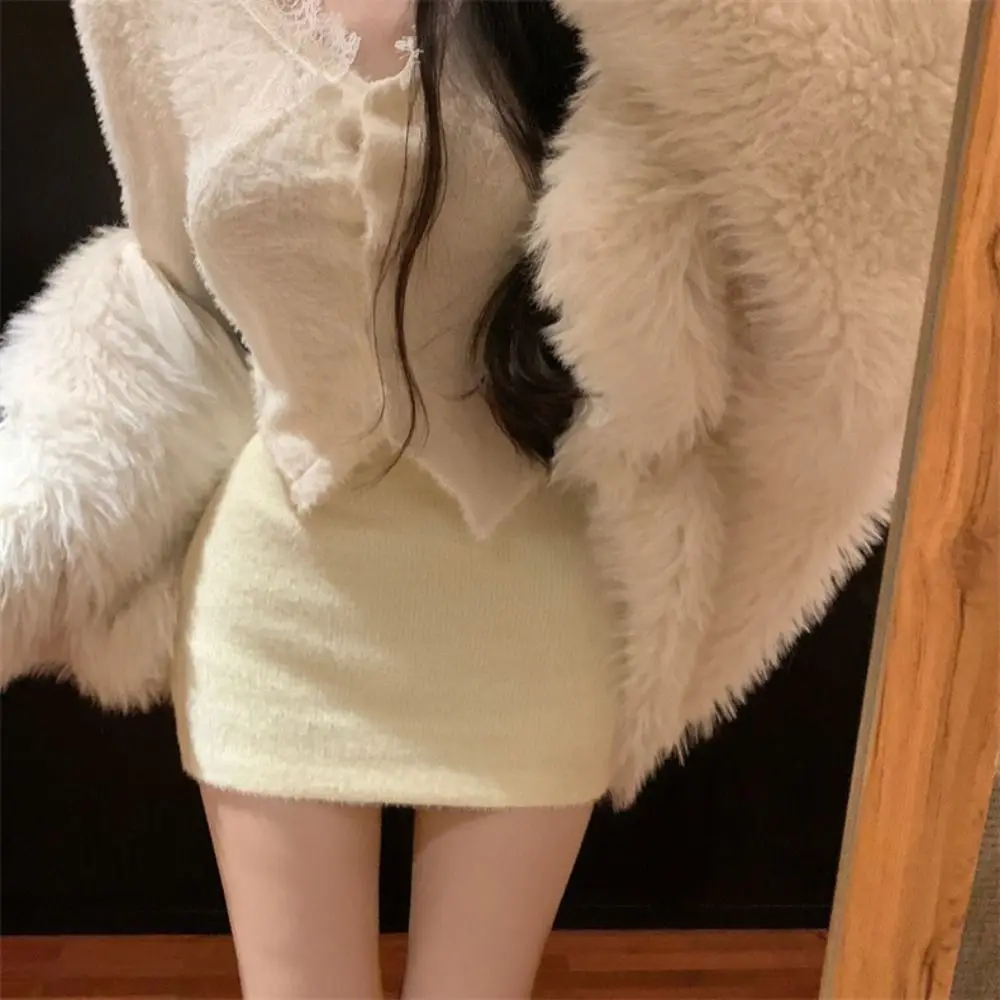 

Однотонная юбка из искусственного меха норки, осенне-зимняя, в стиле Spicy Girl, короткая мини-юбка, ретро, с высокой талией, А-силуэт, женская