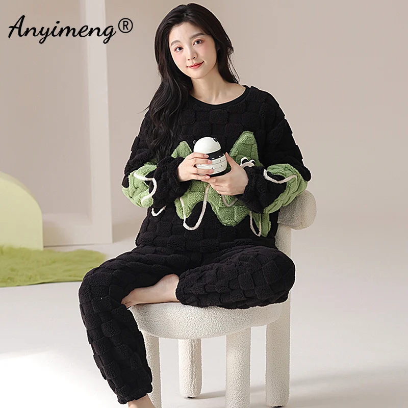 Winter Soft Flannel Pajama Sets Panda Print Pajama Round Neck Long Sleeve Pijamas Women Two Piece Set Homewear Cartoon Pjs