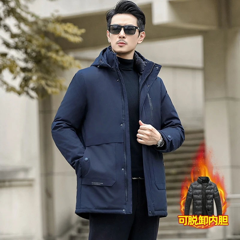

New Winter Thick Parkas Triple Effect Warm Business Casual Hooded Inner Liner Detachable Middle-aged/Elderly Dad's Cotton Coat