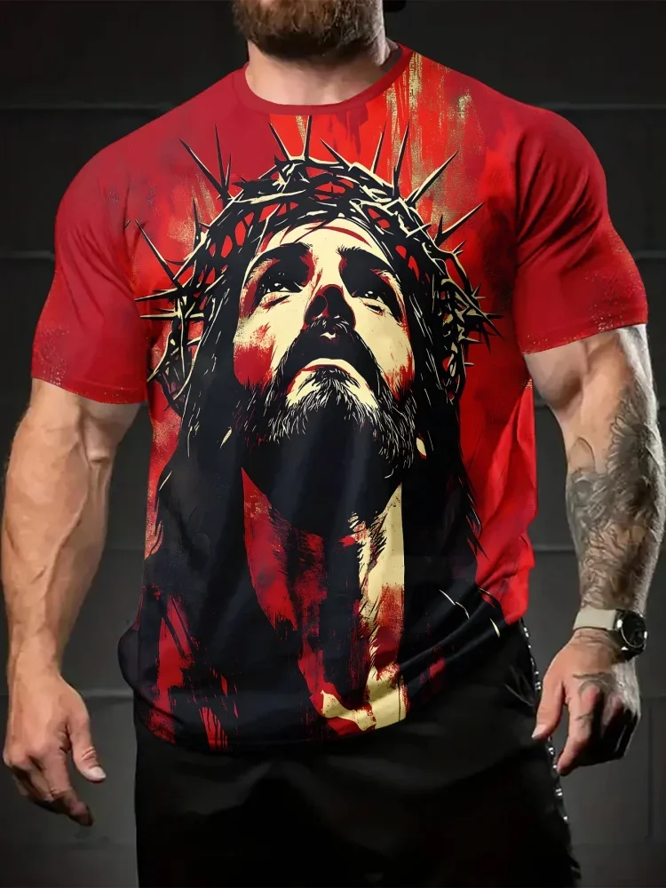 Jesus Christ Thorn Crown Art Print Men's T-shirt Summer Casual Short Sleeve Tops Trend Street Hip-hop Man Clothes