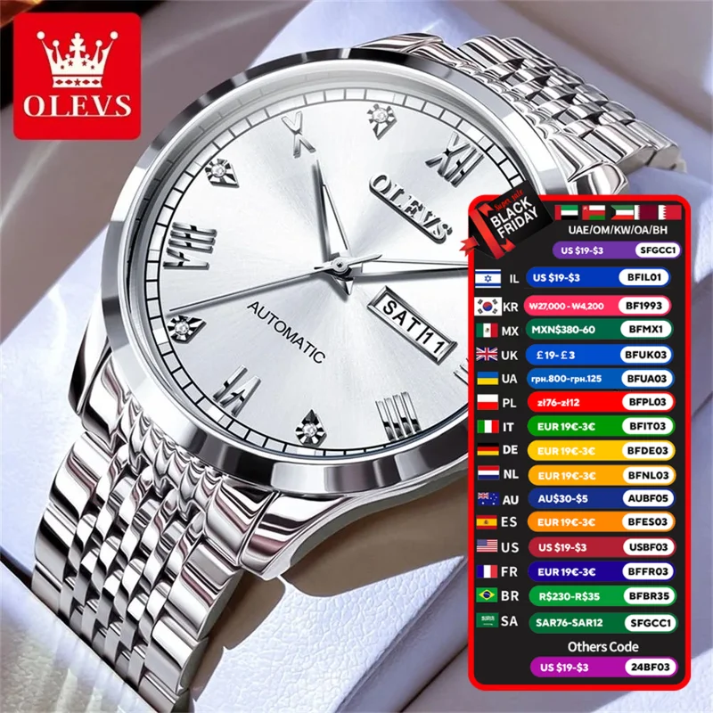 Reloj OLEVS para hombre, reloj mecánico clásico automático, vestido de lujo de acero inoxidable, reloj informal resistente al agua con calendario de día/fecha