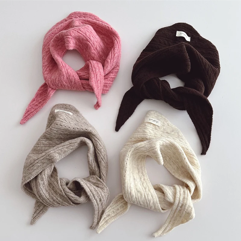 Autumn Winter Warm Kids Triangle Scarf Solid Color Cashmere Windproof Neckerchief Twist Knitted Woolen Children Scarves