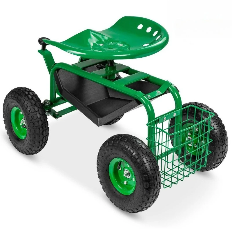 

Movable garden seat car with 360-degree rotating seat and tool tray