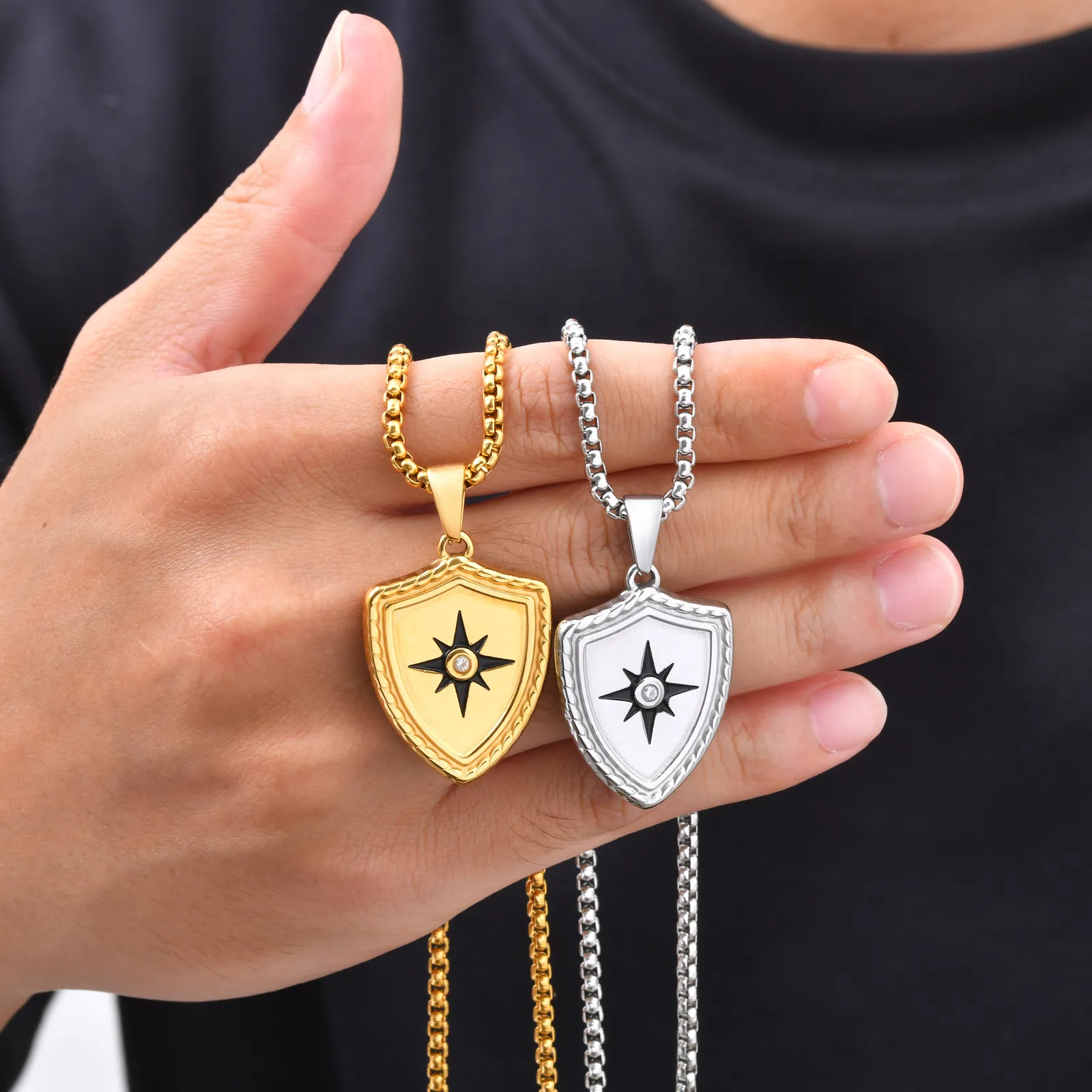 Men North Star Shield Pendant Necklace,Stainless Steel White CZ Inlay Protection Shield Pendant Necklace,Punk Casual Jewelry Gif