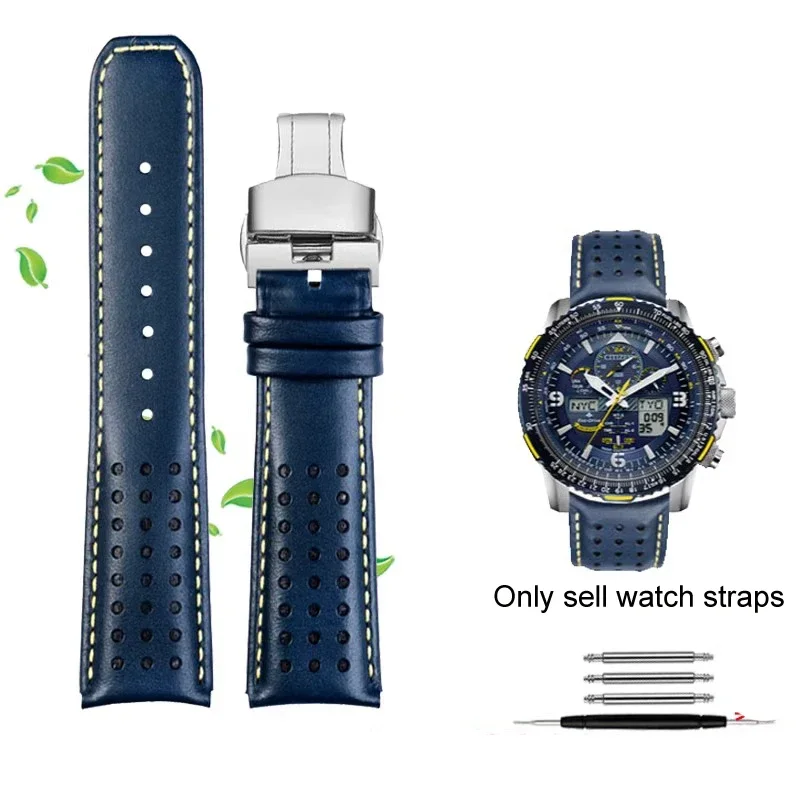 

22mm 23mm Genuine Leather Curved end Watchband For CITIZEN Blue Angel Men Radio Wave Watch AT8020-54L/8020-03L/JY8078 Strap
