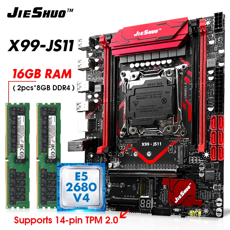 

X99 Motherboard Set Kit With LGA2011-3 Xeon E5 2680V4 DDR4 16GB 2133MHZ RAM Memory NVME M.2 SATA support TPM 2.0