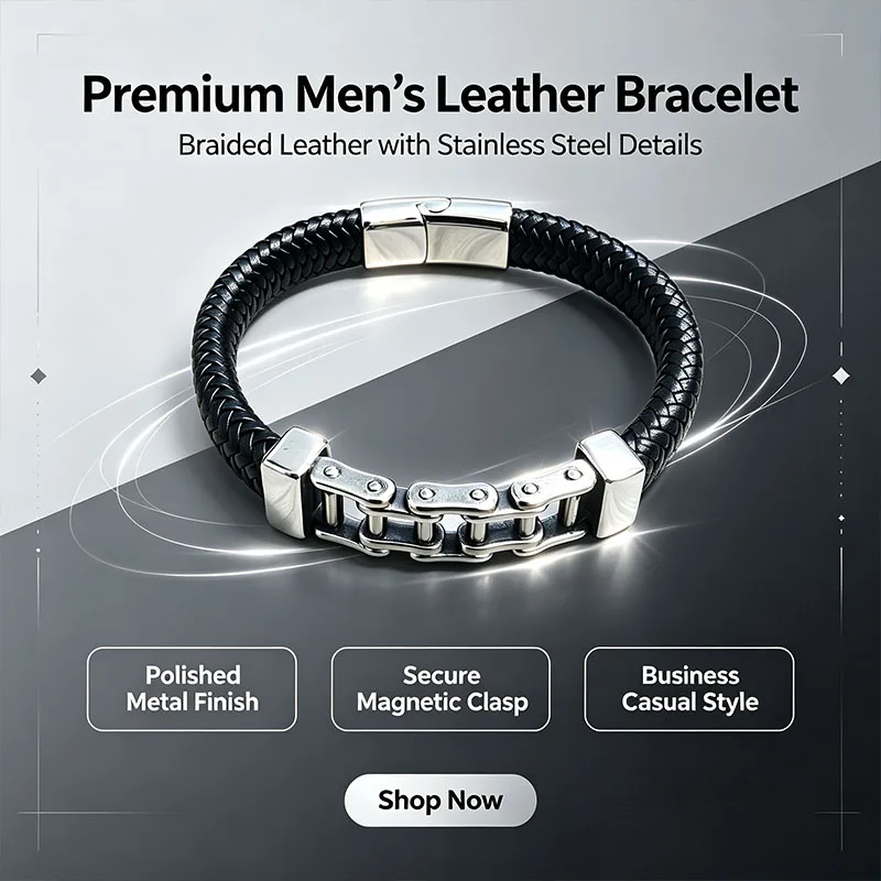 Braided Leather Bracelet Men Stainless Steel Bike Chain Design Wristband Anti Rust Fade Resistant 2 Colors Available