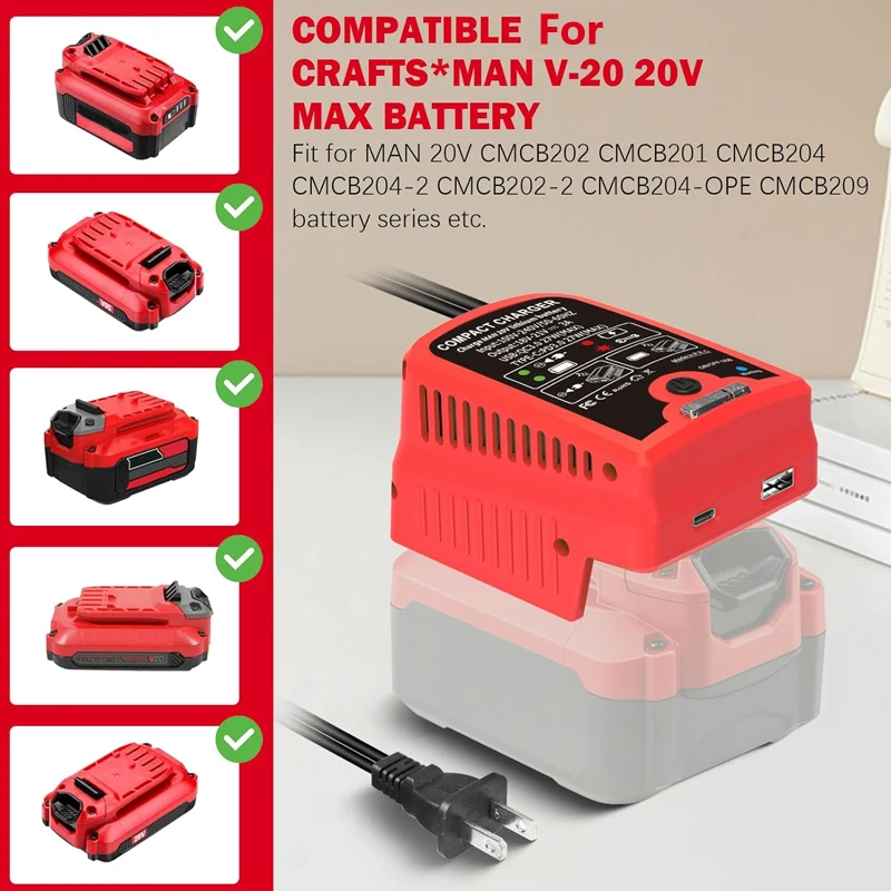 Craftsman 20V リチウムイオンバッテリー用高速ワイヤレス充電アダプター、旅行用 Type C&USB 出力付き、キャンプ用 3A 電話充電器